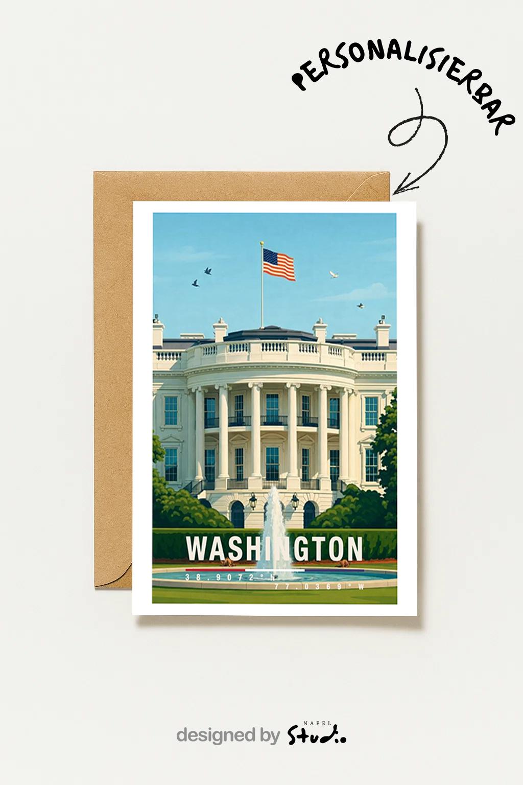 Diese Grußkarte zeigt das Weiße Haus in Washington D.C. mit amerikanischer Flagge und klassischer Architektur. Die Illustration steht für Geschichte, Politik und Kultur der USA und eignet sich hervorragend als Grußkarte oder besonderes Geschenk.