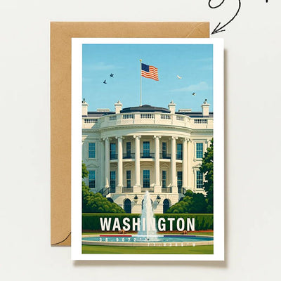 Postkarte Washington Weißes Haus Illustration Mit Flagge Usa Hauptstadt Reise Geschenkidee