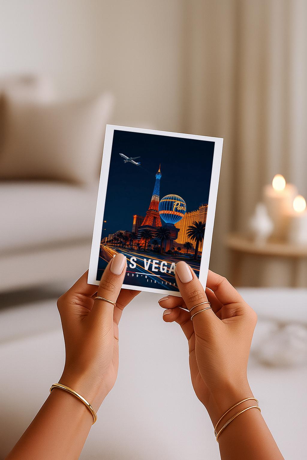 Diese Grußkarte zeigt Las Vegas bei Nacht mit leuchtenden Neonlichtern, ikonischen Hotels und pulsierender Atmosphäre. Die Illustration fängt den Glamour, das Nachtleben und die Energie der Stadt ein und ist ideal als Geschenk oder Reisegruß aus den USA.
