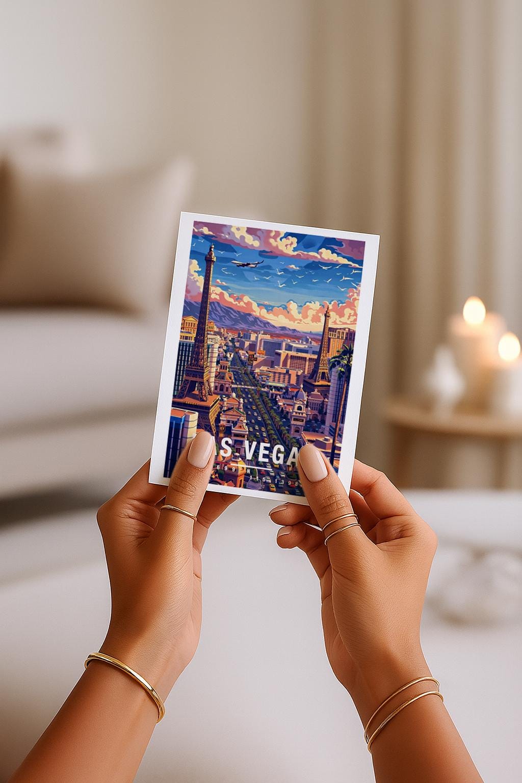 Illustrierte Grußkarte von Las Vegas bei Tageslicht mit berühmten Wahrzeichen des Strips, lebendiger Skyline und dynamischer Stadtatmosphäre. Die Szene steht für Entertainment, Reisen und Großstadtenergie und eignet sich perfekt als Grußkarte oder Geschenk für USA- und Vegas-Fans.