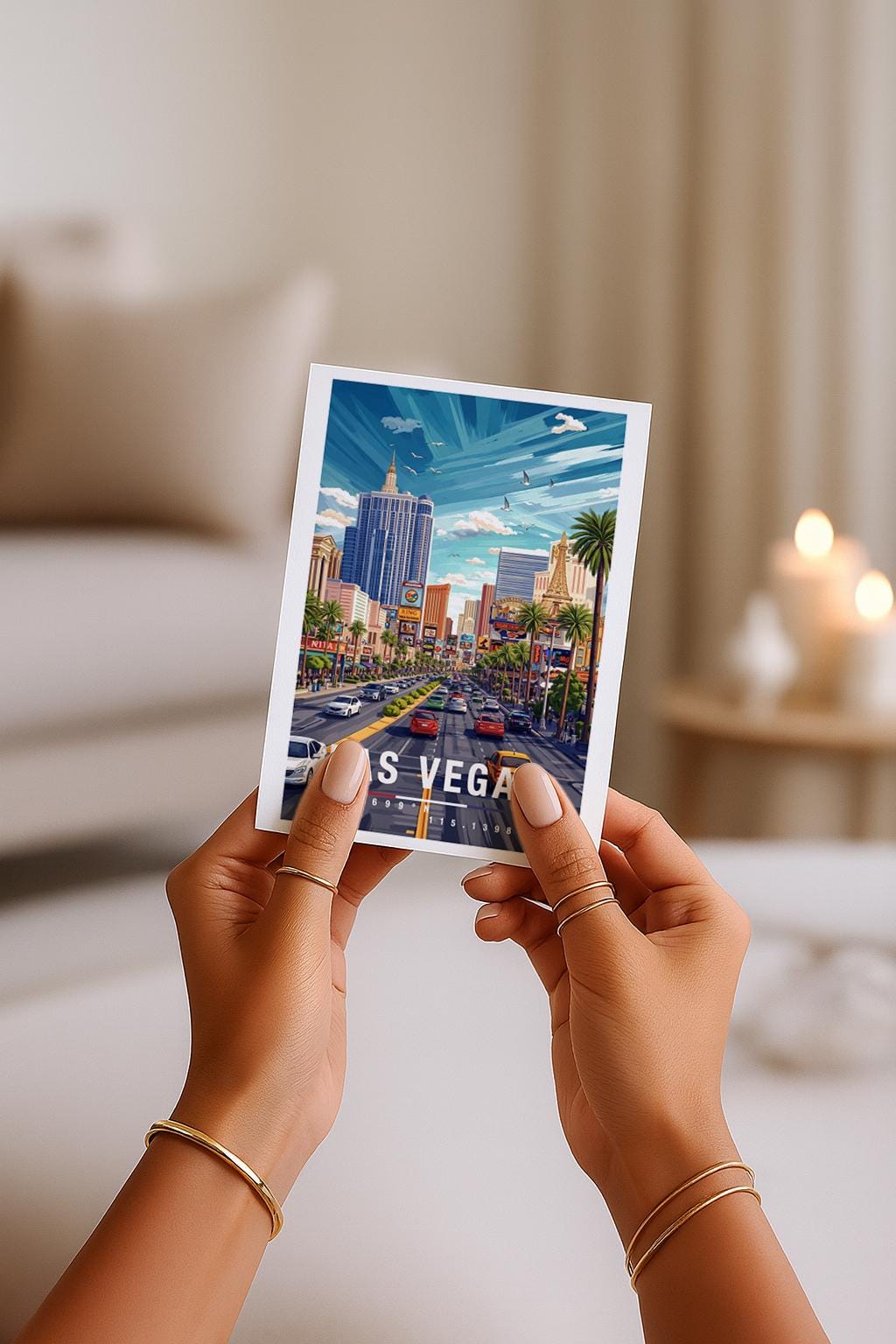 Illustration einer Las Vegas Grußkarte mit klassischer Perspektive auf den Strip, Hotels, Palmen und Straßenverkehr. Die Szene vermittelt Bewegung, Entertainment und Reiselust und eignet sich hervorragend als Grußkarte oder Souvenir für USA-Reisende.