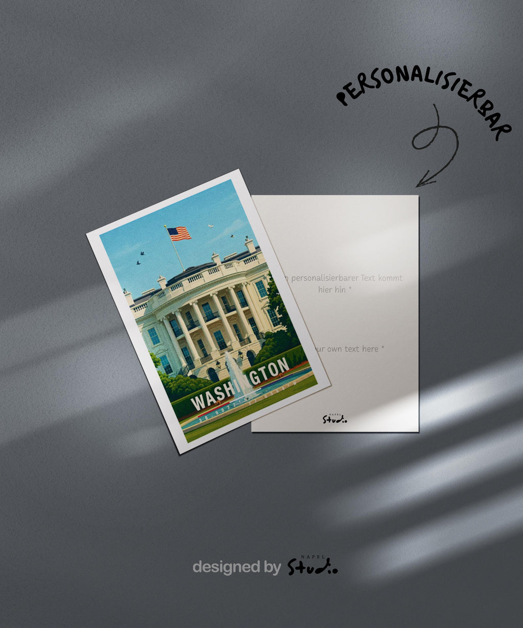 Diese Grußkarte zeigt das Weiße Haus in Washington D.C. mit amerikanischer Flagge und klassischer Architektur. Die Illustration steht für Geschichte, Politik und Kultur der USA und eignet sich hervorragend als Grußkarte oder besonderes Geschenk.