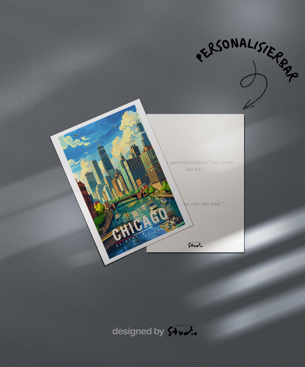 Diese Grußkarte zeigt Chicago mit markanter Skyline, Flusslauf und typischen Hochhäusern. Die Illustration vermittelt urbane Ruhe und Architektur-Flair und eignet sich ideal als Grußkarte oder Geschenk für Chicago- und USA-Fans.