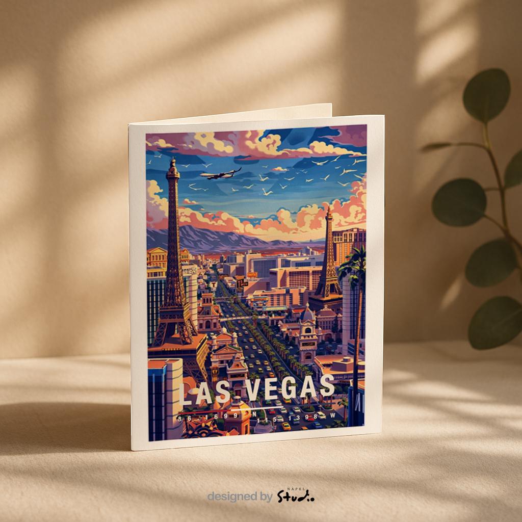 Illustrierte Grußkarte von Las Vegas bei Tageslicht mit berühmten Wahrzeichen des Strips, lebendiger Skyline und dynamischer Stadtatmosphäre. Die Szene steht für Entertainment, Reisen und Großstadtenergie und eignet sich perfekt als Grußkarte oder Geschenk für USA- und Vegas-Fans.