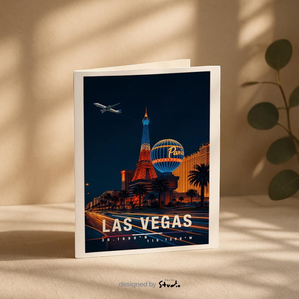 Diese Grußkarte zeigt Las Vegas bei Nacht mit leuchtenden Neonlichtern, ikonischen Hotels und pulsierender Atmosphäre. Die Illustration fängt den Glamour, das Nachtleben und die Energie der Stadt ein und ist ideal als Geschenk oder Reisegruß aus den USA.