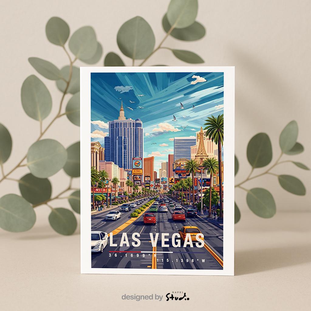 Illustration einer Las Vegas Grußkarte mit klassischer Perspektive auf den Strip, Hotels, Palmen und Straßenverkehr. Die Szene vermittelt Bewegung, Entertainment und Reiselust und eignet sich hervorragend als Grußkarte oder Souvenir für USA-Reisende.