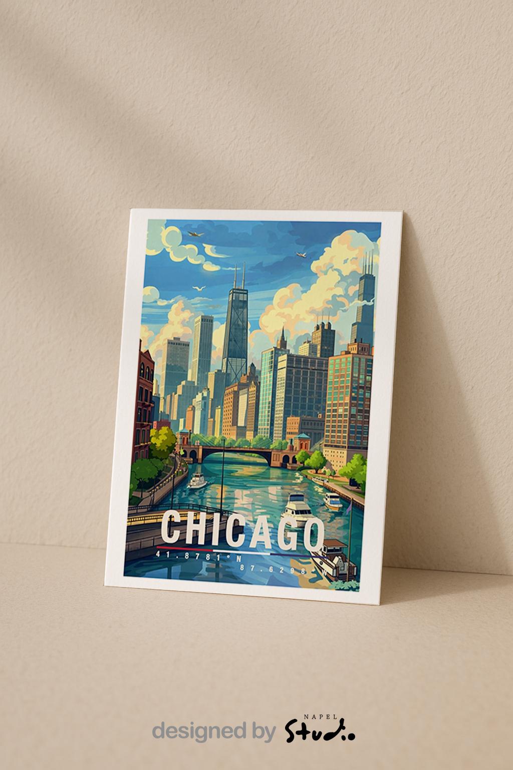 Diese Grußkarte zeigt Chicago mit markanter Skyline, Flusslauf und typischen Hochhäusern. Die Illustration vermittelt urbane Ruhe und Architektur-Flair und eignet sich ideal als Grußkarte oder Geschenk für Chicago- und USA-Fans.