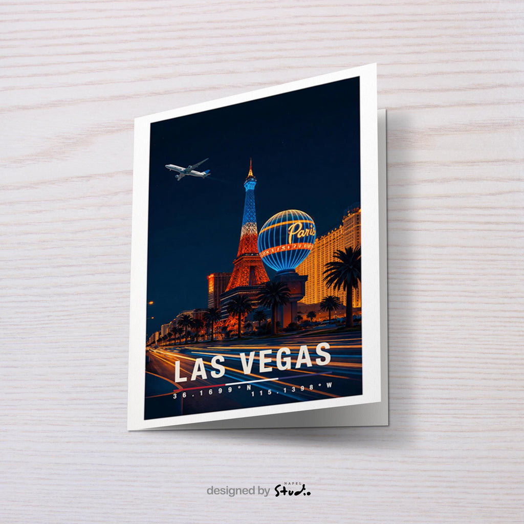 Diese Grußkarte zeigt Las Vegas bei Nacht mit leuchtenden Neonlichtern, ikonischen Hotels und pulsierender Atmosphäre. Die Illustration fängt den Glamour, das Nachtleben und die Energie der Stadt ein und ist ideal als Geschenk oder Reisegruß aus den USA.