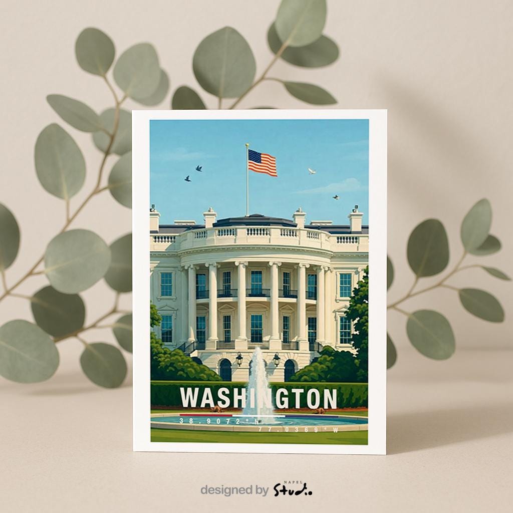 Diese Grußkarte zeigt das Weiße Haus in Washington D.C. mit amerikanischer Flagge und klassischer Architektur. Die Illustration steht für Geschichte, Politik und Kultur der USA und eignet sich hervorragend als Grußkarte oder besonderes Geschenk.