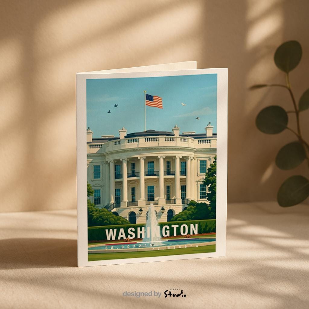 Diese Grußkarte zeigt das Weiße Haus in Washington D.C. mit amerikanischer Flagge und klassischer Architektur. Die Illustration steht für Geschichte, Politik und Kultur der USA und eignet sich hervorragend als Grußkarte oder besonderes Geschenk.