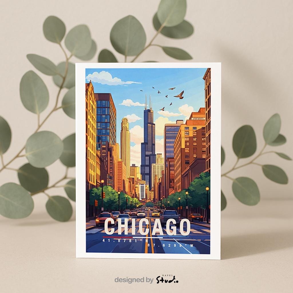 Illustrierte Grußkarte mit Blick auf eine typische Chicagoer Straße, flankiert von hohen Gebäuden und urbanem Leben. Die Szene fängt Dynamik, Architektur und Großstadtgefühl ein und ist perfekt als Reisegruß oder Geschenk geeignet.