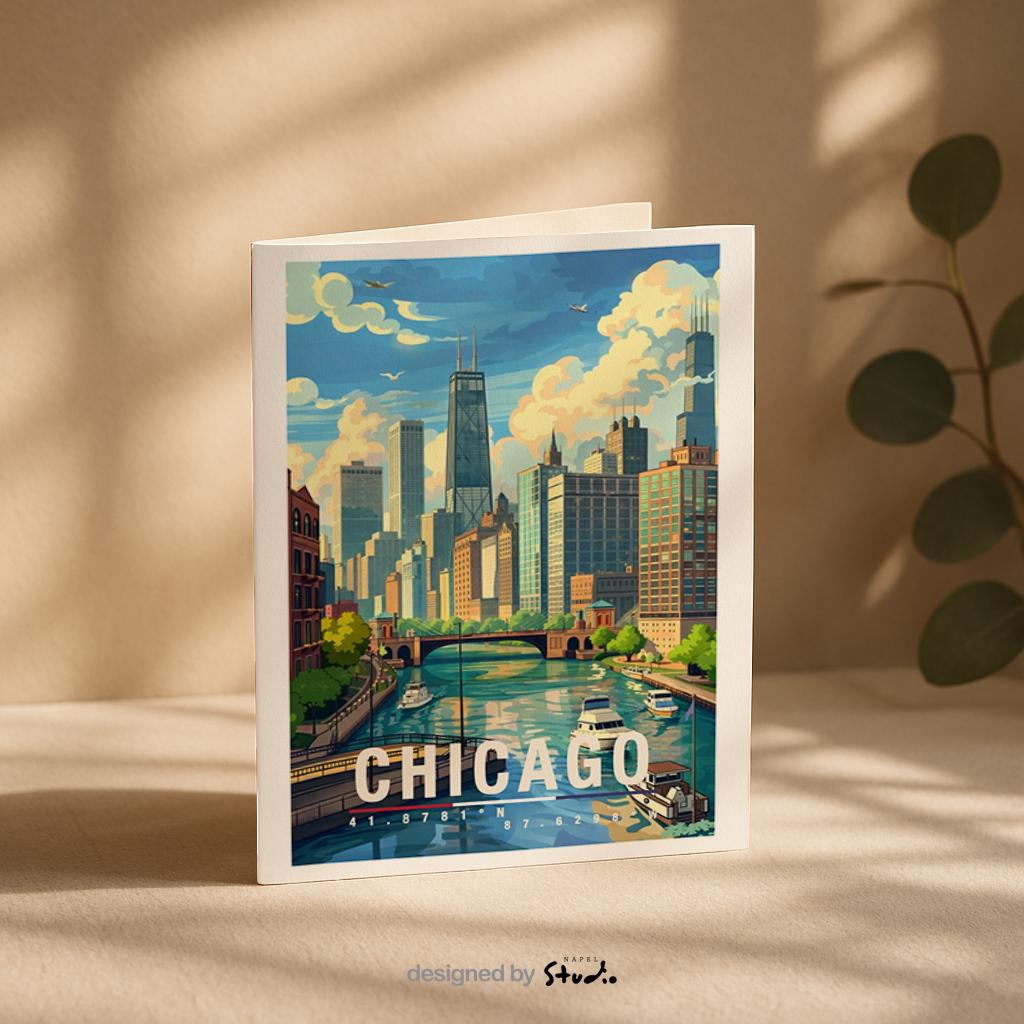 Diese Grußkarte zeigt Chicago mit markanter Skyline, Flusslauf und typischen Hochhäusern. Die Illustration vermittelt urbane Ruhe und Architektur-Flair und eignet sich ideal als Grußkarte oder Geschenk für Chicago- und USA-Fans.