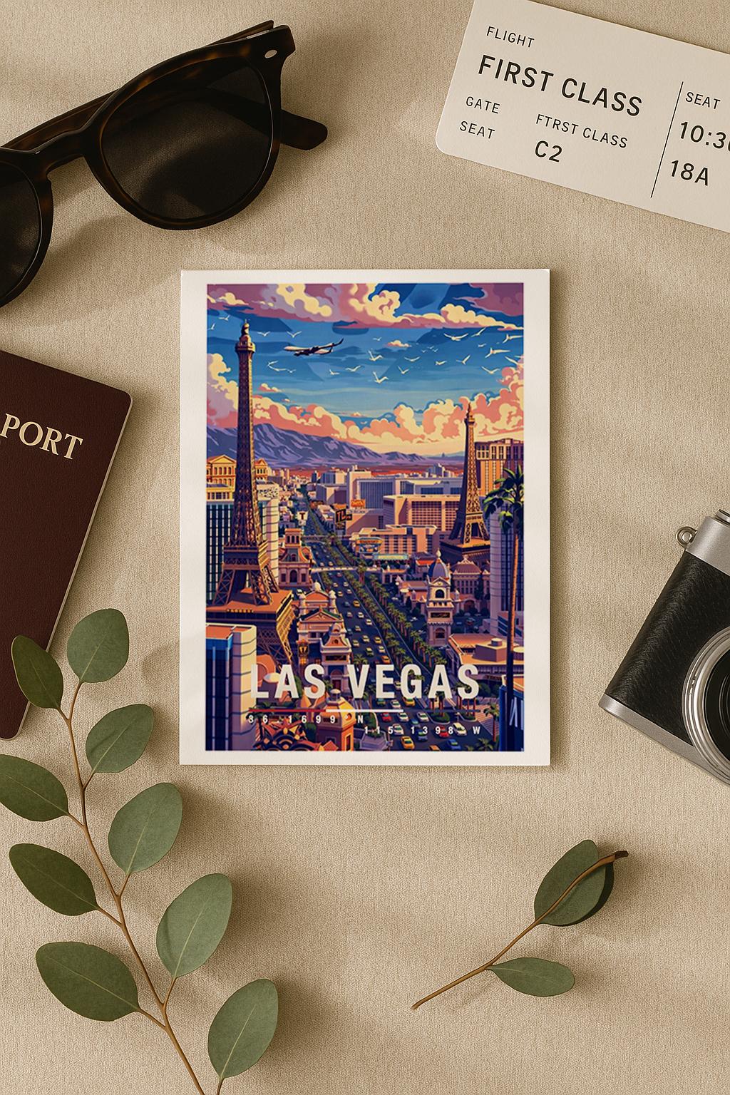 Illustrierte Grußkarte von Las Vegas bei Tageslicht mit berühmten Wahrzeichen des Strips, lebendiger Skyline und dynamischer Stadtatmosphäre. Die Szene steht für Entertainment, Reisen und Großstadtenergie und eignet sich perfekt als Grußkarte oder Geschenk für USA- und Vegas-Fans.