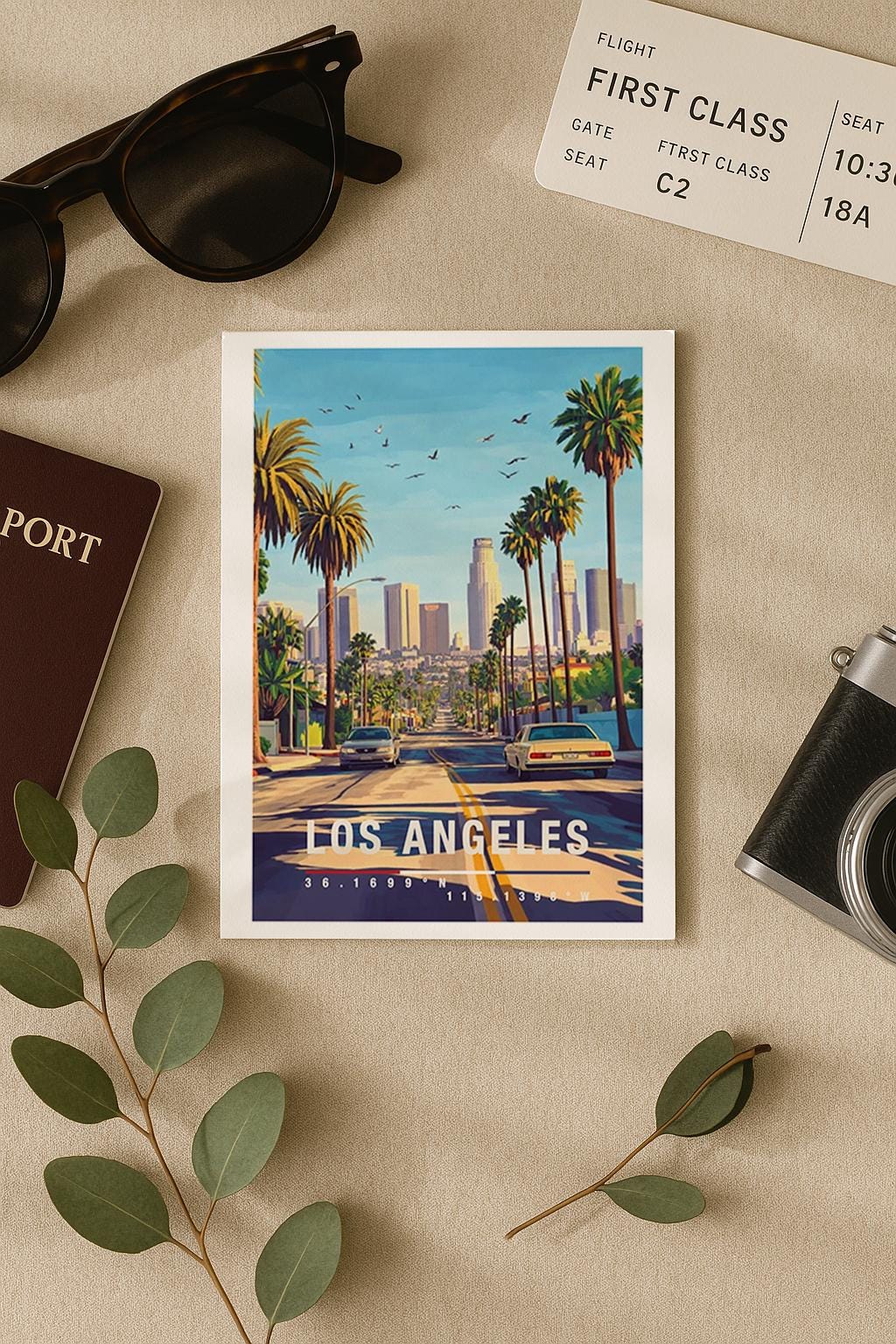 Diese Grußkarte zeigt eine stilisierte Illustration von Downtown Los Angeles mit Palmenallee, klassischem Oldtimer und moderner Skyline im Hintergrund. Die Szene verbindet Retro-Charme mit urbanem Lebensgefühl und transportiert das typische Kalifornien-Flair zwischen Sonne, Freiheit und Großstadt.