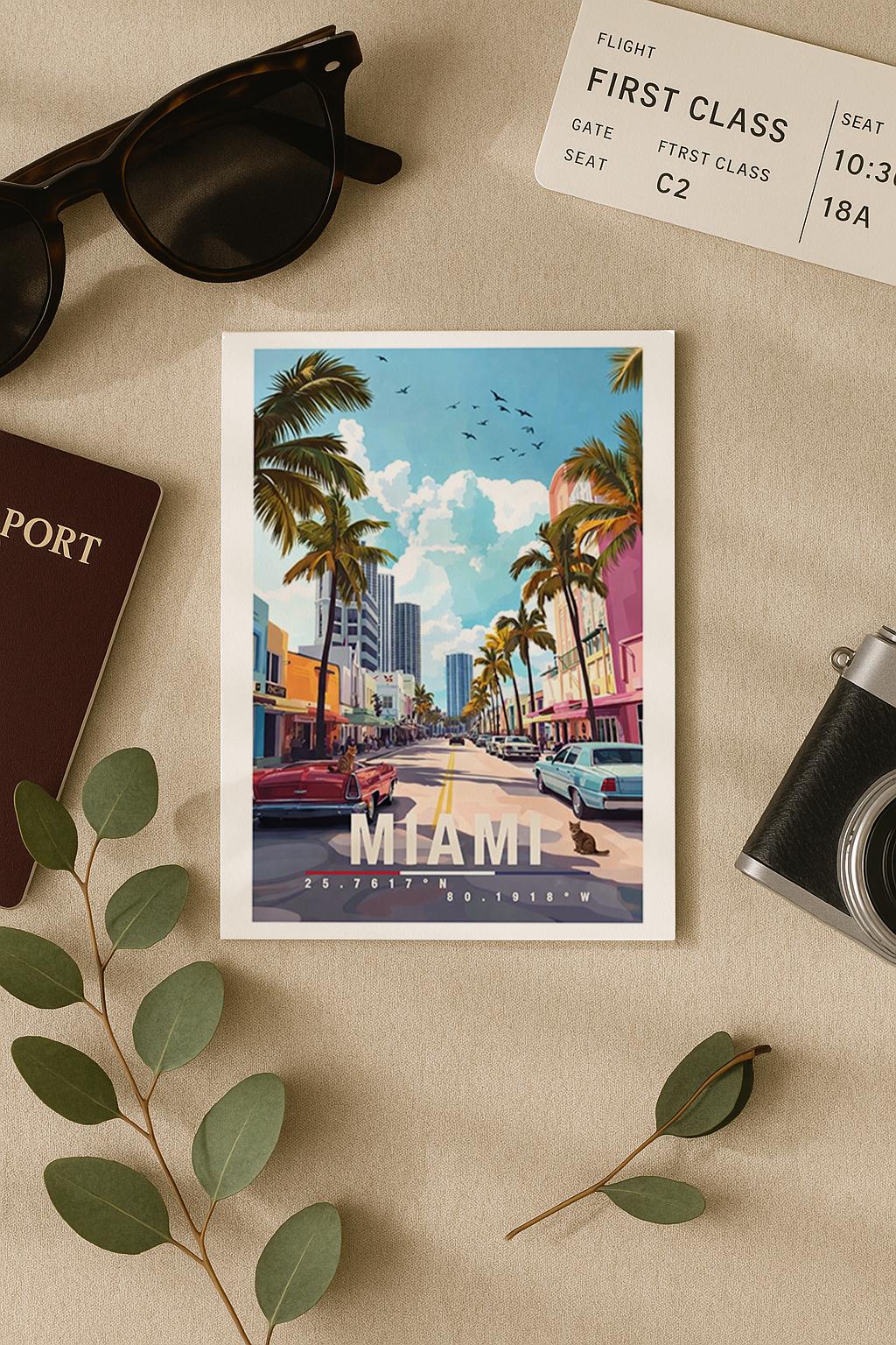 Diese Grußkarte zeigt Miami mit farbenfroher Ocean Drive Szene, Palmen, klassischen Autos und Art-Déco-Gebäuden. Die Illustration strahlt Sommer, Strand und Lebensfreude aus und ist ideal als Reisegruß oder Geschenk für Miami- und Florida-Fans.