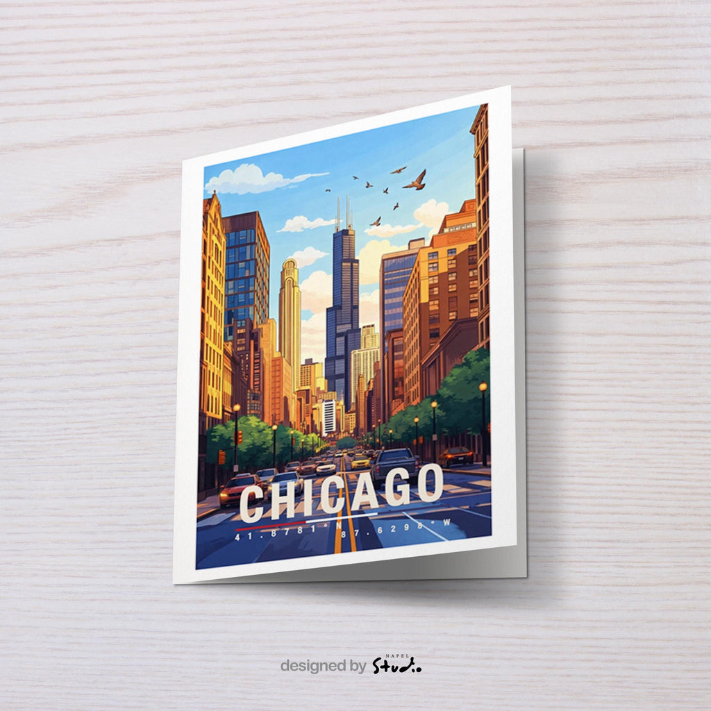 Illustrierte Grußkarte mit Blick auf eine typische Chicagoer Straße, flankiert von hohen Gebäuden und urbanem Leben. Die Szene fängt Dynamik, Architektur und Großstadtgefühl ein und ist perfekt als Reisegruß oder Geschenk geeignet.