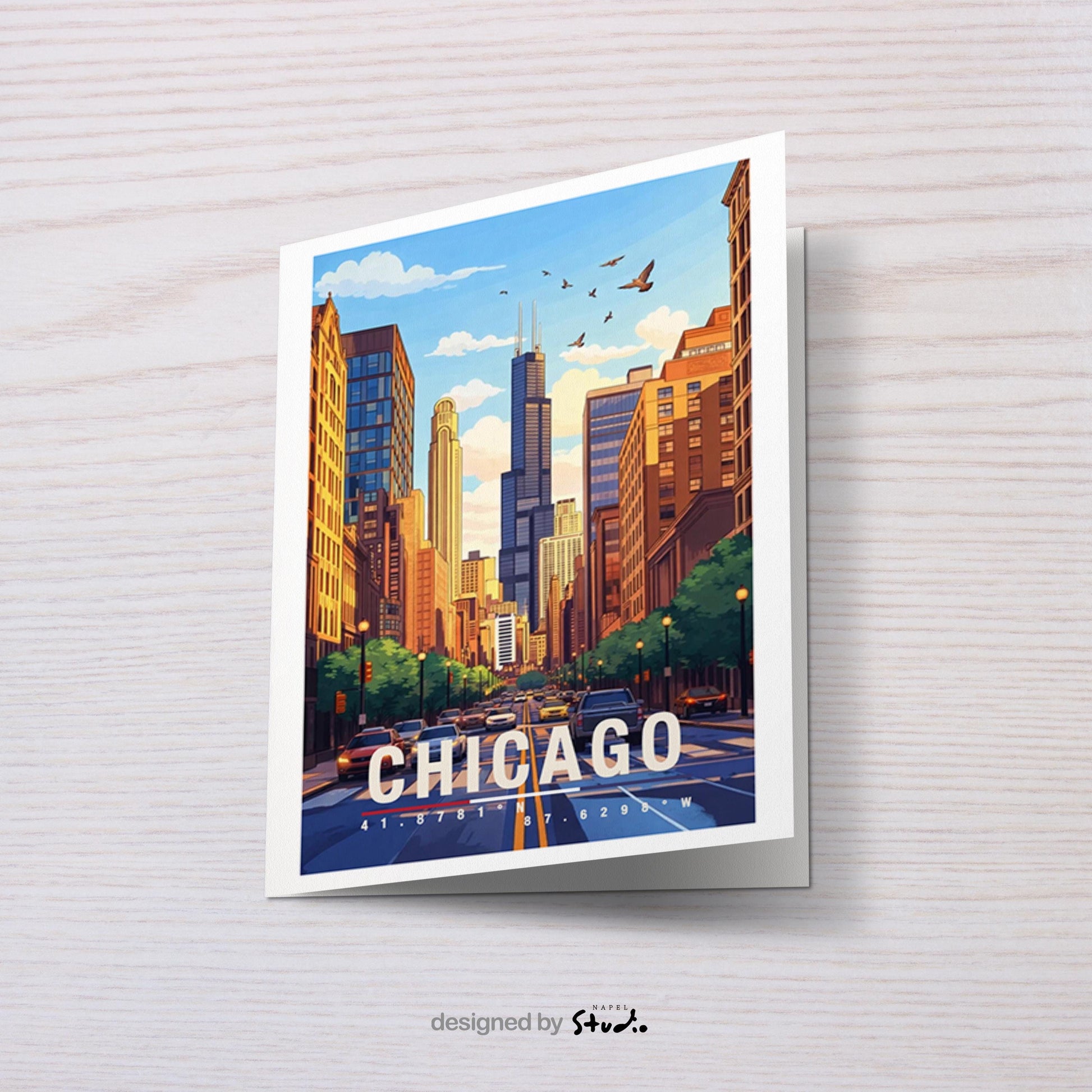 Illustrierte Grußkarte mit Blick auf eine typische Chicagoer Straße, flankiert von hohen Gebäuden und urbanem Leben. Die Szene fängt Dynamik, Architektur und Großstadtgefühl ein und ist perfekt als Reisegruß oder Geschenk geeignet.