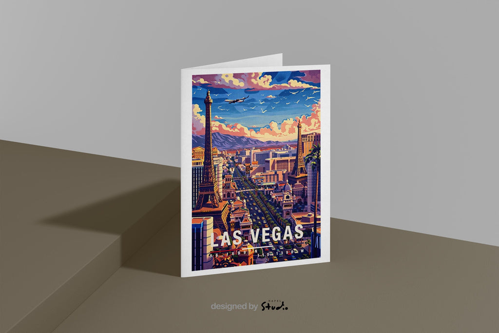 Illustrierte Grußkarte von Las Vegas bei Tageslicht mit berühmten Wahrzeichen des Strips, lebendiger Skyline und dynamischer Stadtatmosphäre. Die Szene steht für Entertainment, Reisen und Großstadtenergie und eignet sich perfekt als Grußkarte oder Geschenk für USA- und Vegas-Fans.