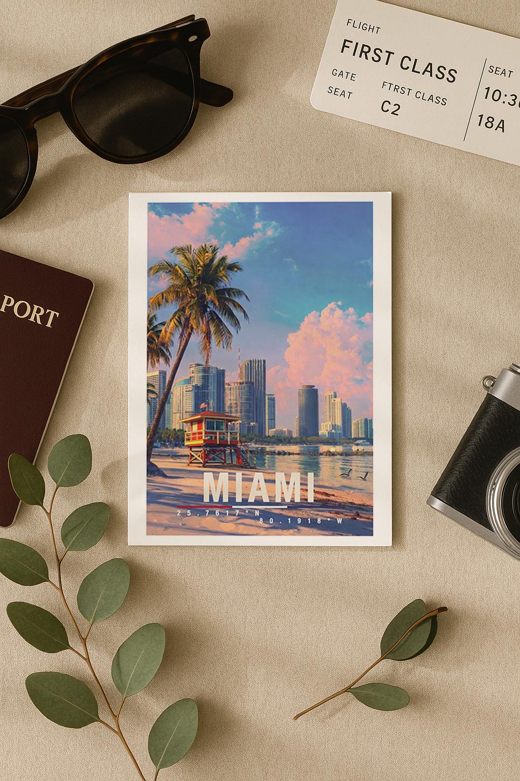 Illustrierte Grußkarte von Miami mit moderner Skyline, Palmen und ruhigem Strand im Vordergrund. Die harmonische Szene verbindet Großstadt und Meer und eignet sich perfekt als Grußkarte, Urlaubserinnerung oder Geschenk für Sonnen- und Reisebegeisterte.