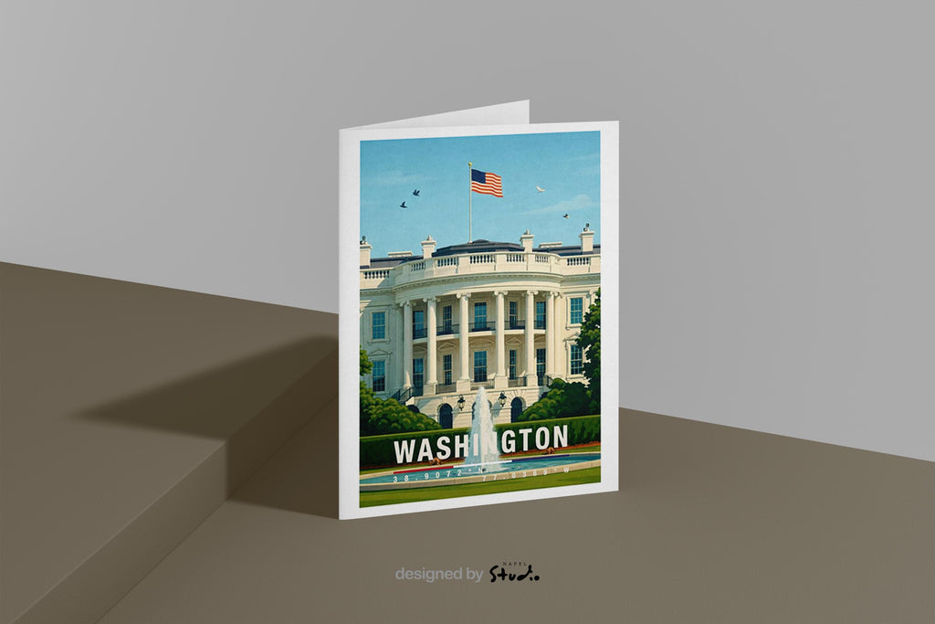 Diese Grußkarte zeigt das Weiße Haus in Washington D.C. mit amerikanischer Flagge und klassischer Architektur. Die Illustration steht für Geschichte, Politik und Kultur der USA und eignet sich hervorragend als Grußkarte oder besonderes Geschenk.
