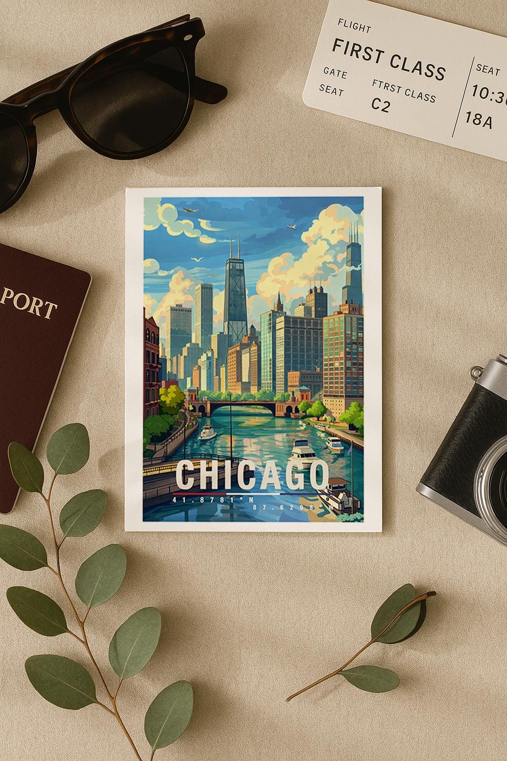 Diese Grußkarte zeigt Chicago mit markanter Skyline, Flusslauf und typischen Hochhäusern. Die Illustration vermittelt urbane Ruhe und Architektur-Flair und eignet sich ideal als Grußkarte oder Geschenk für Chicago- und USA-Fans.