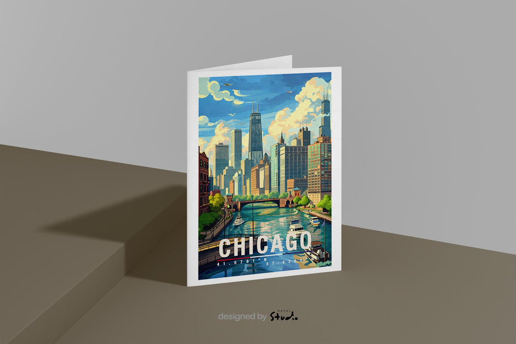 Diese Grußkarte zeigt Chicago mit markanter Skyline, Flusslauf und typischen Hochhäusern. Die Illustration vermittelt urbane Ruhe und Architektur-Flair und eignet sich ideal als Grußkarte oder Geschenk für Chicago- und USA-Fans.
