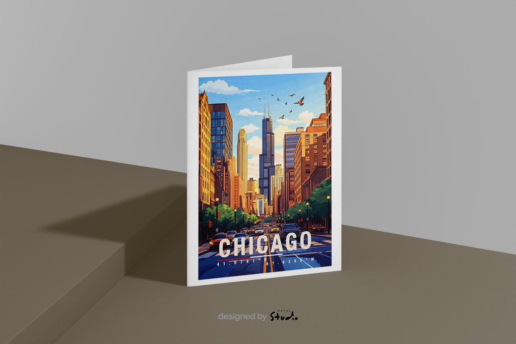 Illustrierte Grußkarte mit Blick auf eine typische Chicagoer Straße, flankiert von hohen Gebäuden und urbanem Leben. Die Szene fängt Dynamik, Architektur und Großstadtgefühl ein und ist perfekt als Reisegruß oder Geschenk geeignet.