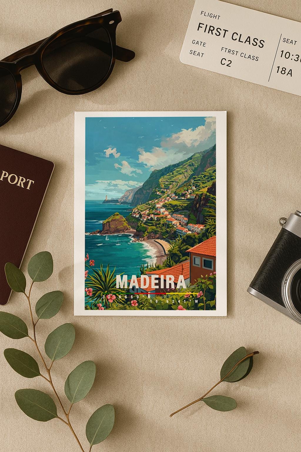 Detailreiche Illustration der Insel Madeira mit steiler grüner Küste, terrassierten Häusern und Blick auf den Atlantik. Die Farben sind lebendig und zeigen die natürliche Schönheit der portugiesischen Insel. Perfekt als Grußkarte für Naturfreunde, Reisen oder Urlaubserinnerungen.