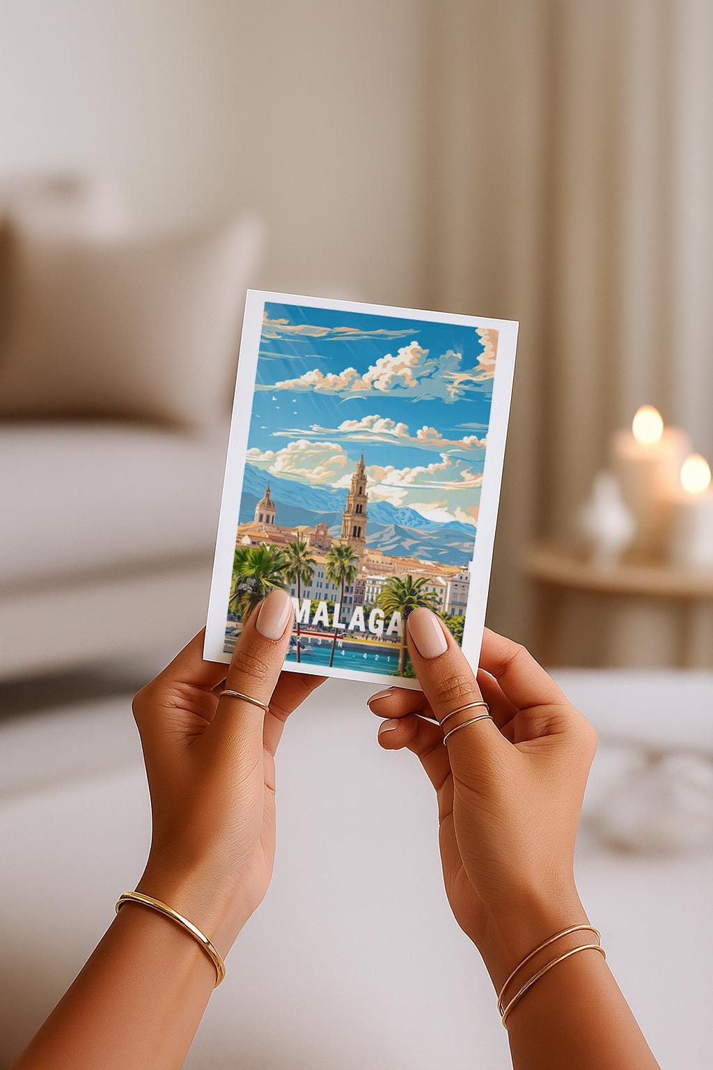 Illustration von Málaga mit Blick auf den Hafen, Palmen und die historische Altstadt vor bergiger Kulisse. Die Szene wirkt sonnig, entspannt und mediterran und fängt das typische Andalusien-Flair ein. Ideal als Grußkarte für Spanien-Reisen und Städteurlaub.