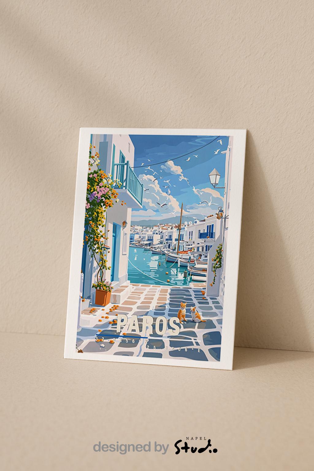 Illustration einer typischen Gasse auf Paros mit weißen Häusern, blauen Akzenten und Blick auf den Hafen mit Booten. Die Szene ist hell, ruhig und sommerlich und vermittelt klassisches Griechenland-Inselflair.