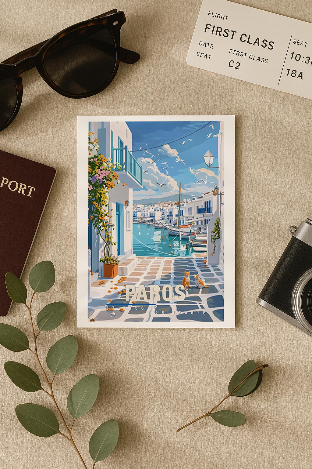 Illustration einer typischen Gasse auf Paros mit weißen Häusern, blauen Akzenten und Blick auf den Hafen mit Booten. Die Szene ist hell, ruhig und sommerlich und vermittelt klassisches Griechenland-Inselflair.