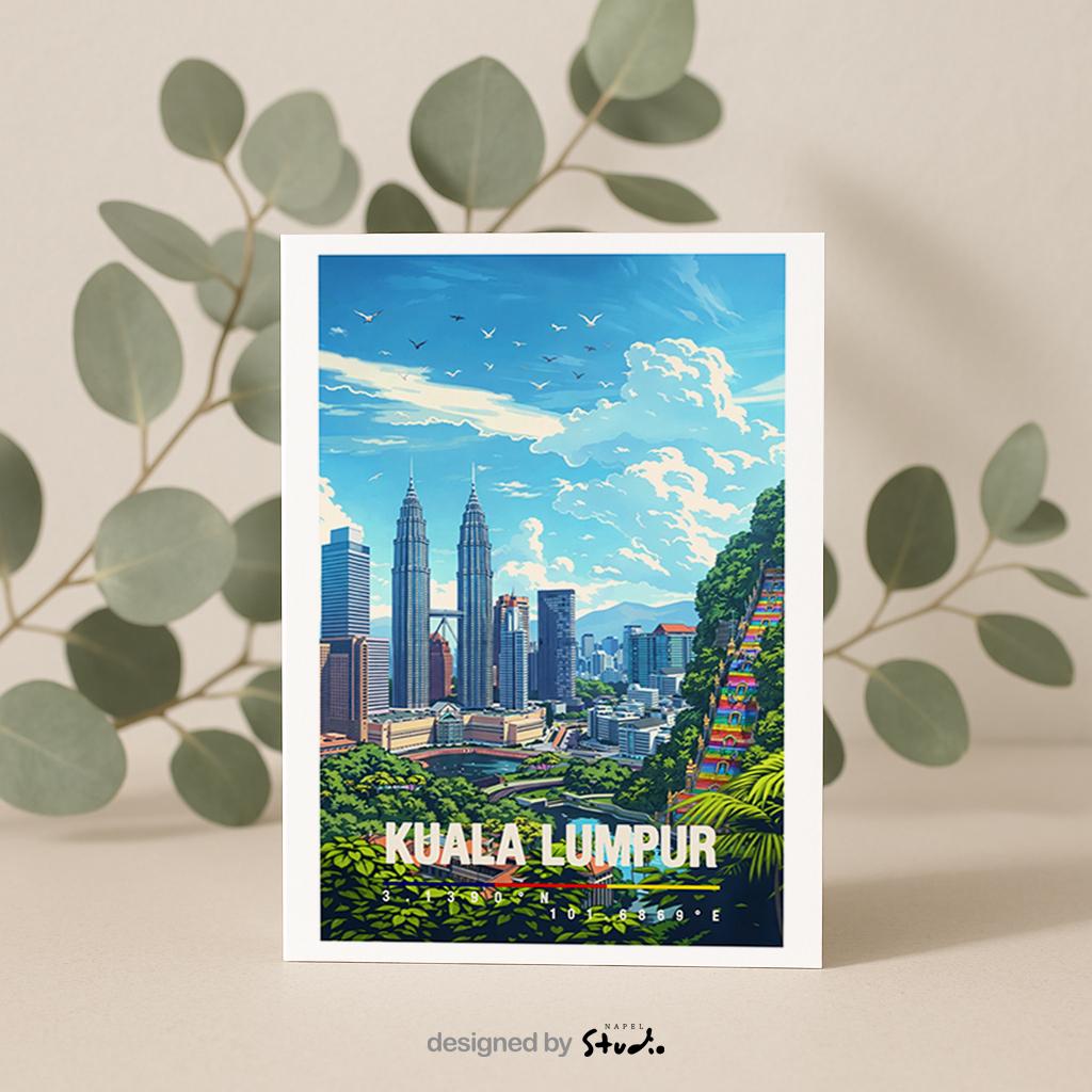 Moderne Illustration von Kuala Lumpur mit Skyline, den Petronas Towers und grünen Elementen im Vordergrund. Die Szene wirkt urban, klar und modern und zeigt die Metropole Malaysias aus einer freundlichen Perspektive.