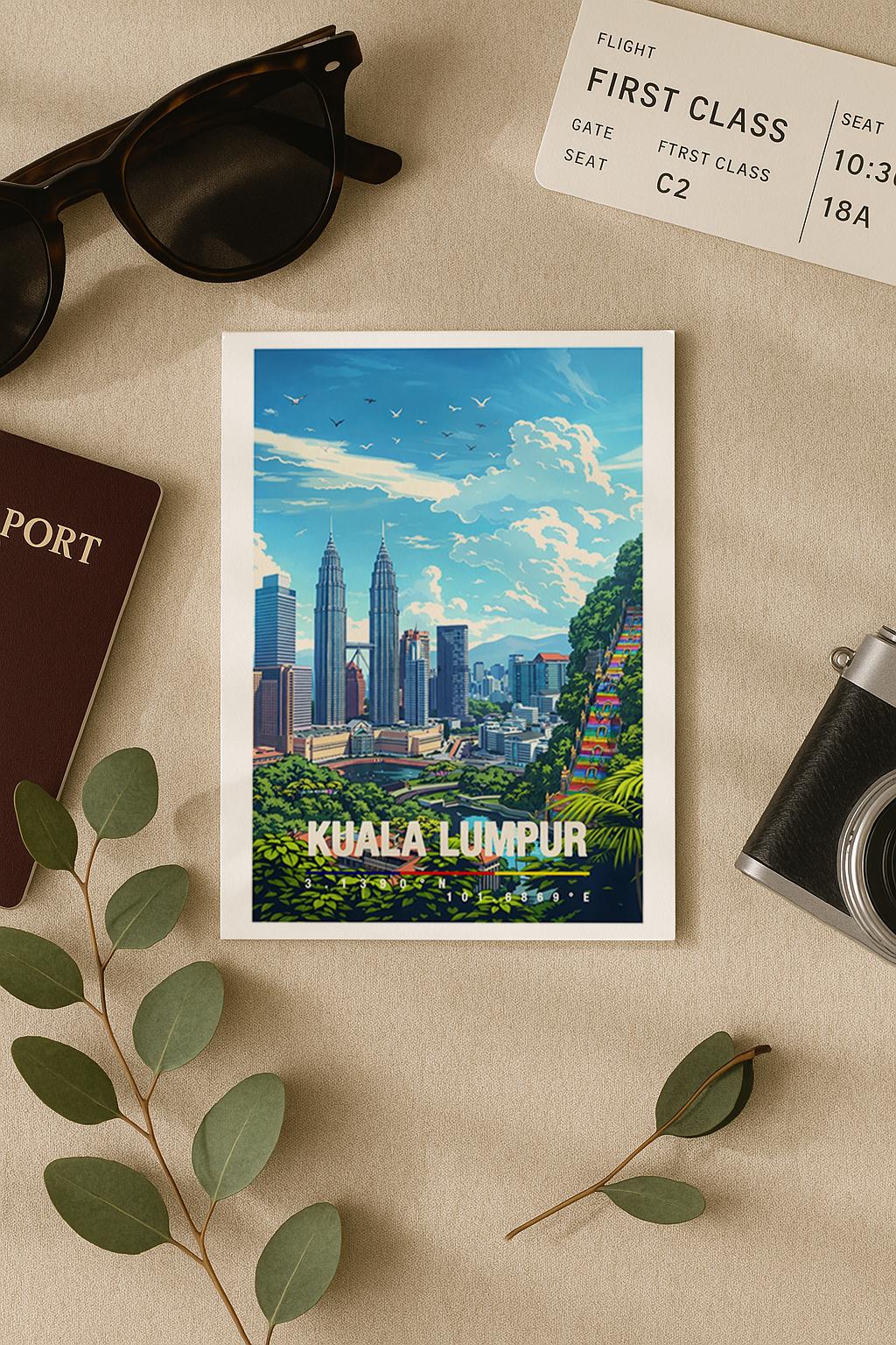 Moderne Illustration von Kuala Lumpur mit Skyline, den Petronas Towers und grünen Elementen im Vordergrund. Die Szene wirkt urban, klar und modern und zeigt die Metropole Malaysias aus einer freundlichen Perspektive.