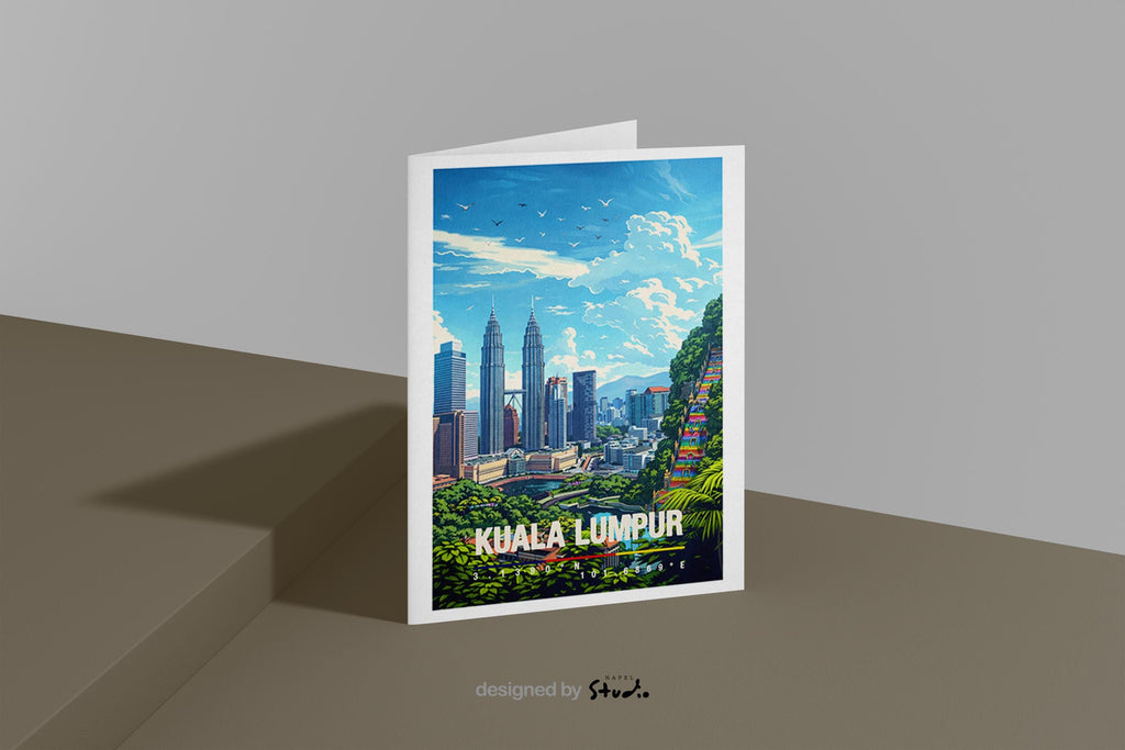 Moderne Illustration von Kuala Lumpur mit Skyline, den Petronas Towers und grünen Elementen im Vordergrund. Die Szene wirkt urban, klar und modern und zeigt die Metropole Malaysias aus einer freundlichen Perspektive.