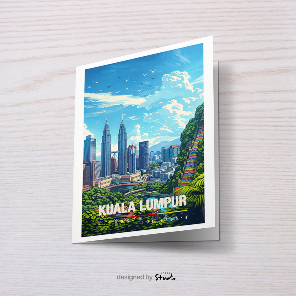 Moderne Illustration von Kuala Lumpur mit Skyline, den Petronas Towers und grünen Elementen im Vordergrund. Die Szene wirkt urban, klar und modern und zeigt die Metropole Malaysias aus einer freundlichen Perspektive.