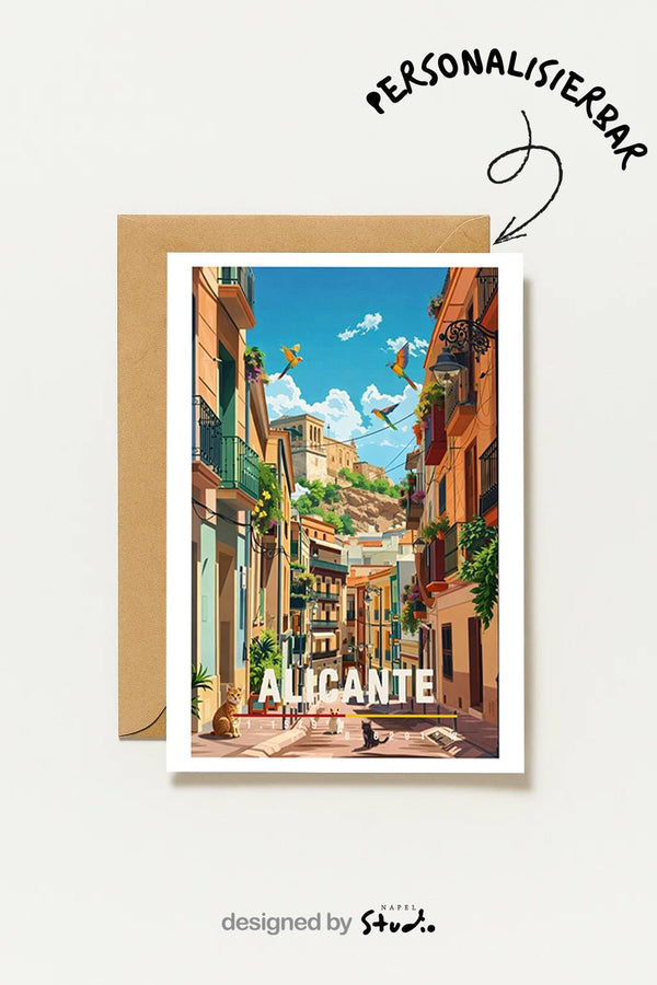 Alicante Mit Altstadtgasse & Bunten Häusern Mediterrane Spanien Reisekarte Stadt Alicante Travel