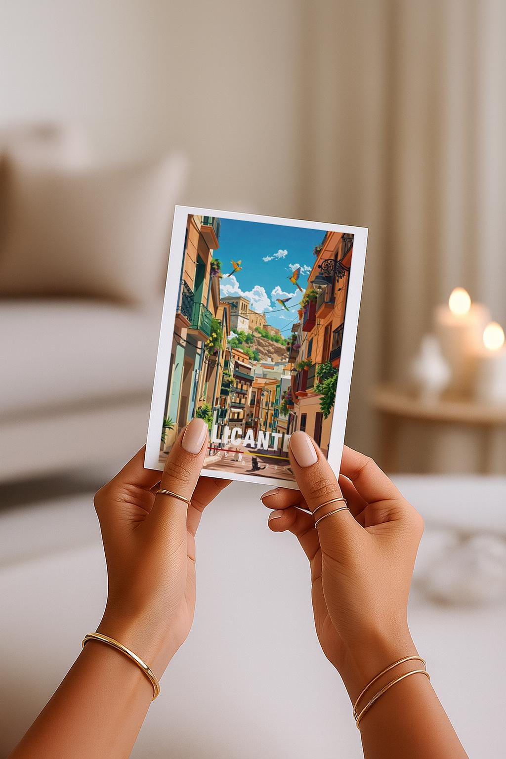 Illustration einer charmanten Altstadtgasse in Alicante mit bunten Fassaden, Balkonen und mediterranem Licht. Die Szene wirkt warm, lebendig und einladend und zeigt das typische Flair der spanischen Küstenstadt.