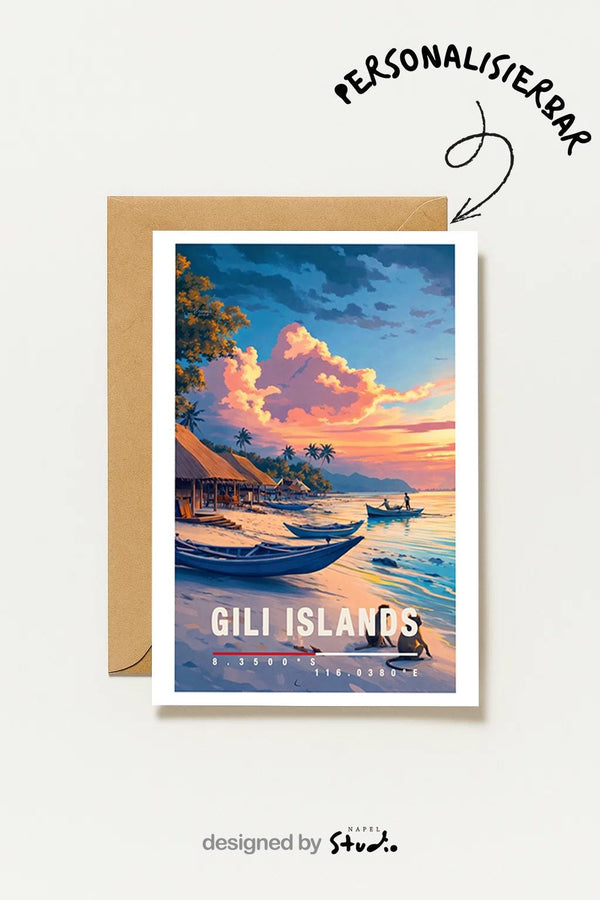 Gili Islands Mit Strand & Sonnenuntergang Tropische Insel Reisekarte Indonesien Gili Travel