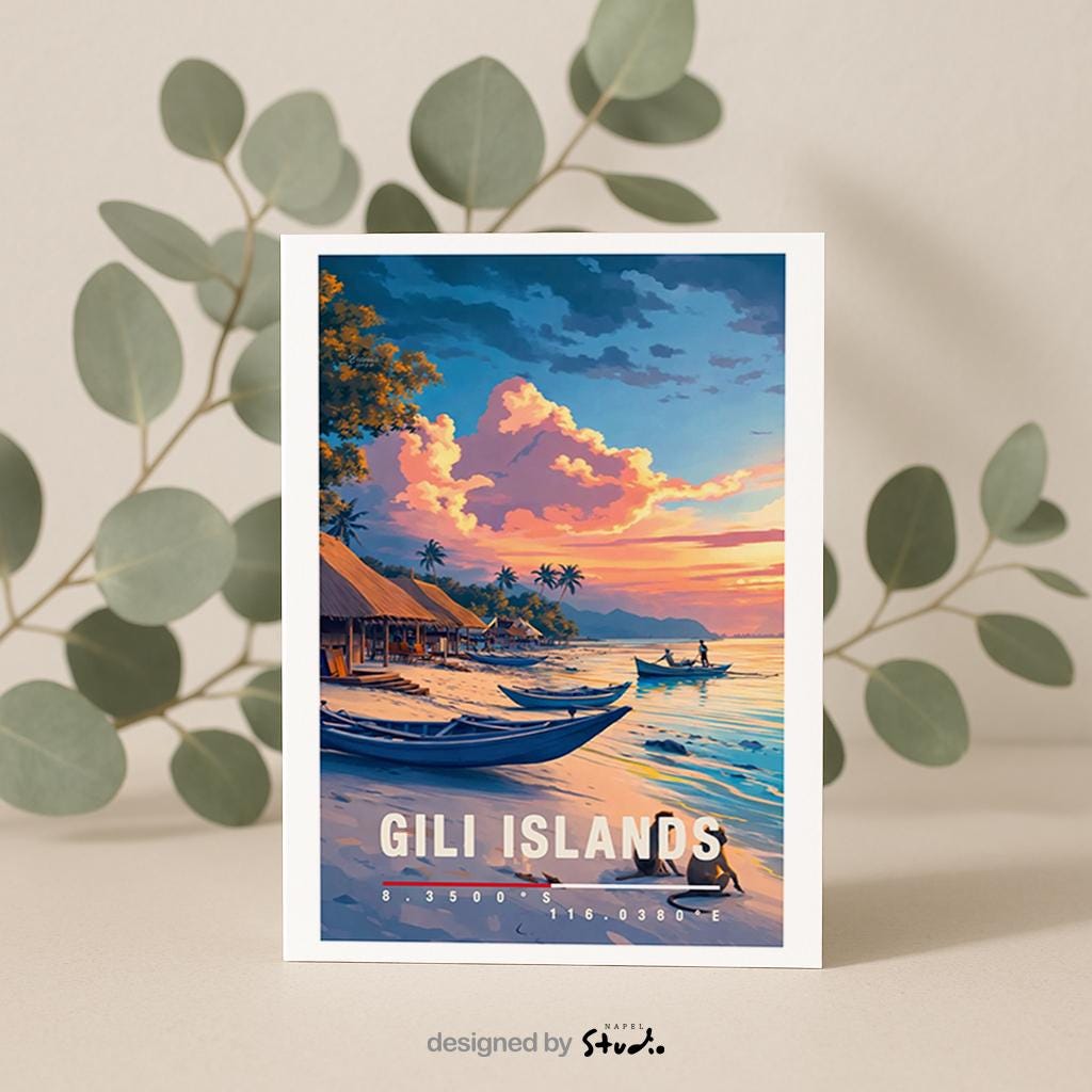 Illustration eines tropischen Strandes auf den Gili Islands mit Booten im Sand, Palmen und warmem Sonnenuntergang. Die Szene wirkt ruhig, exotisch und entspannend und vermittelt pures Insel-Feeling.