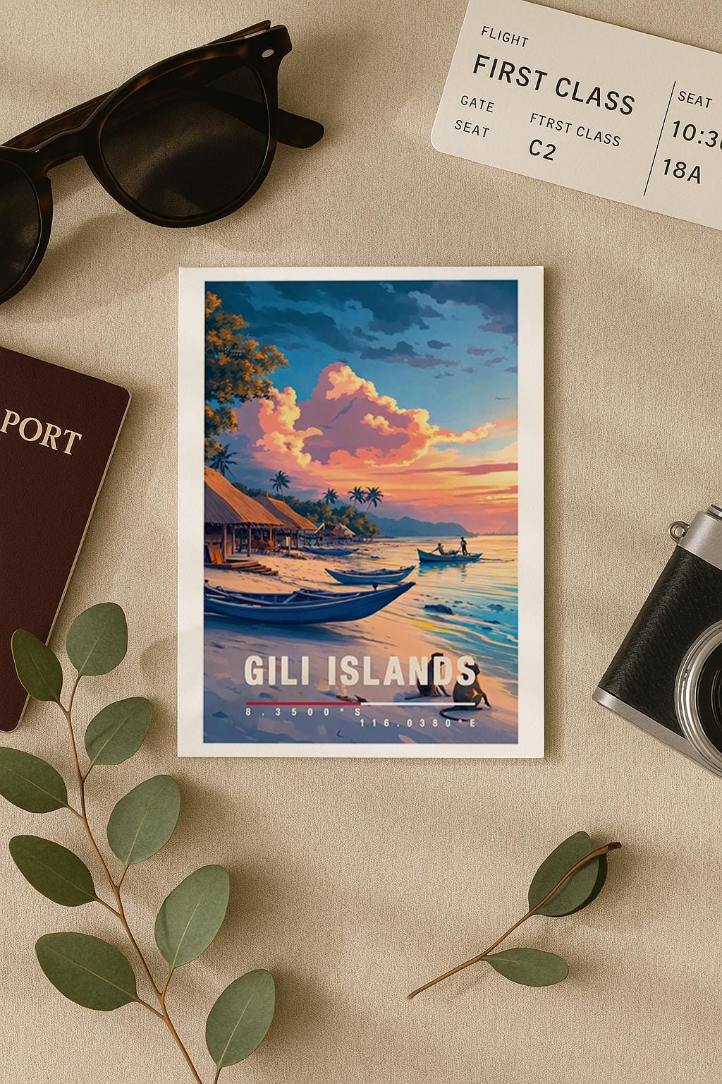 Illustration eines tropischen Strandes auf den Gili Islands mit Booten im Sand, Palmen und warmem Sonnenuntergang. Die Szene wirkt ruhig, exotisch und entspannend und vermittelt pures Insel-Feeling.