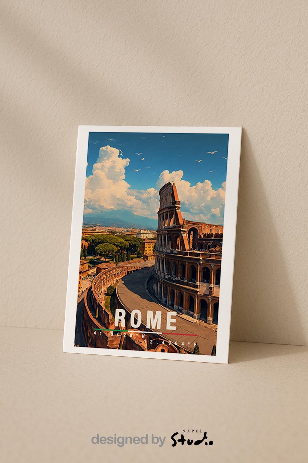 Illustration von Rom mit dem Kolosseum im Vordergrund und Blick über die historische Stadt. Die Szene ist hell, detailreich und zeitlos und zeigt die berühmte Architektur der italienischen Hauptstadt.