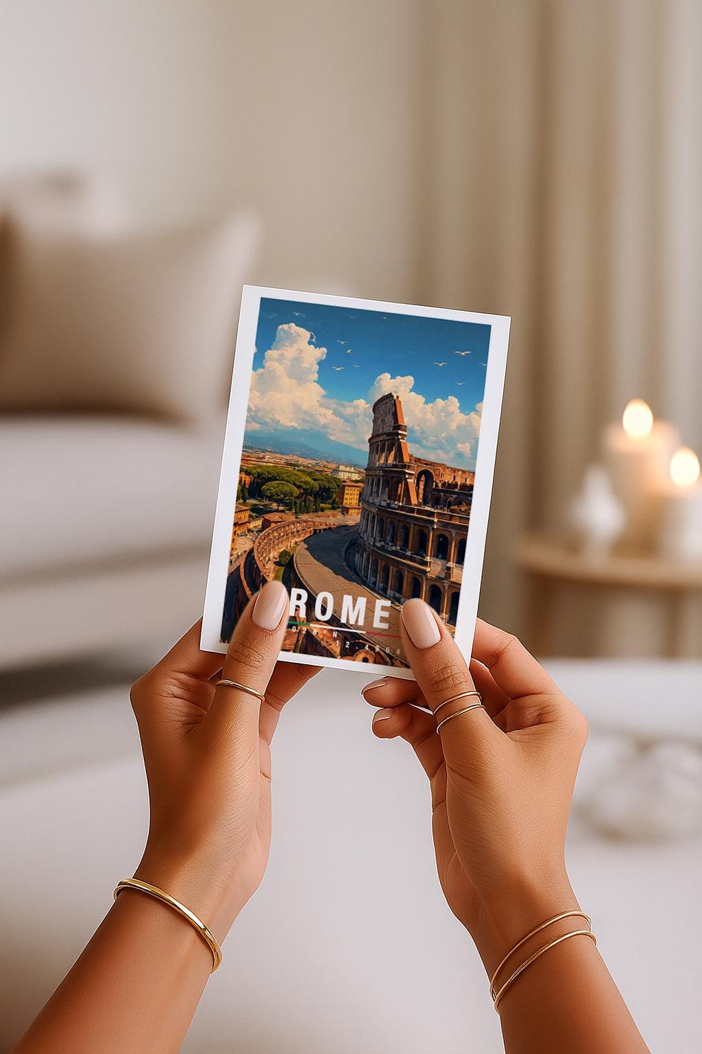 Illustration von Rom mit dem Kolosseum im Vordergrund und Blick über die historische Stadt. Die Szene ist hell, detailreich und zeitlos und zeigt die berühmte Architektur der italienischen Hauptstadt.