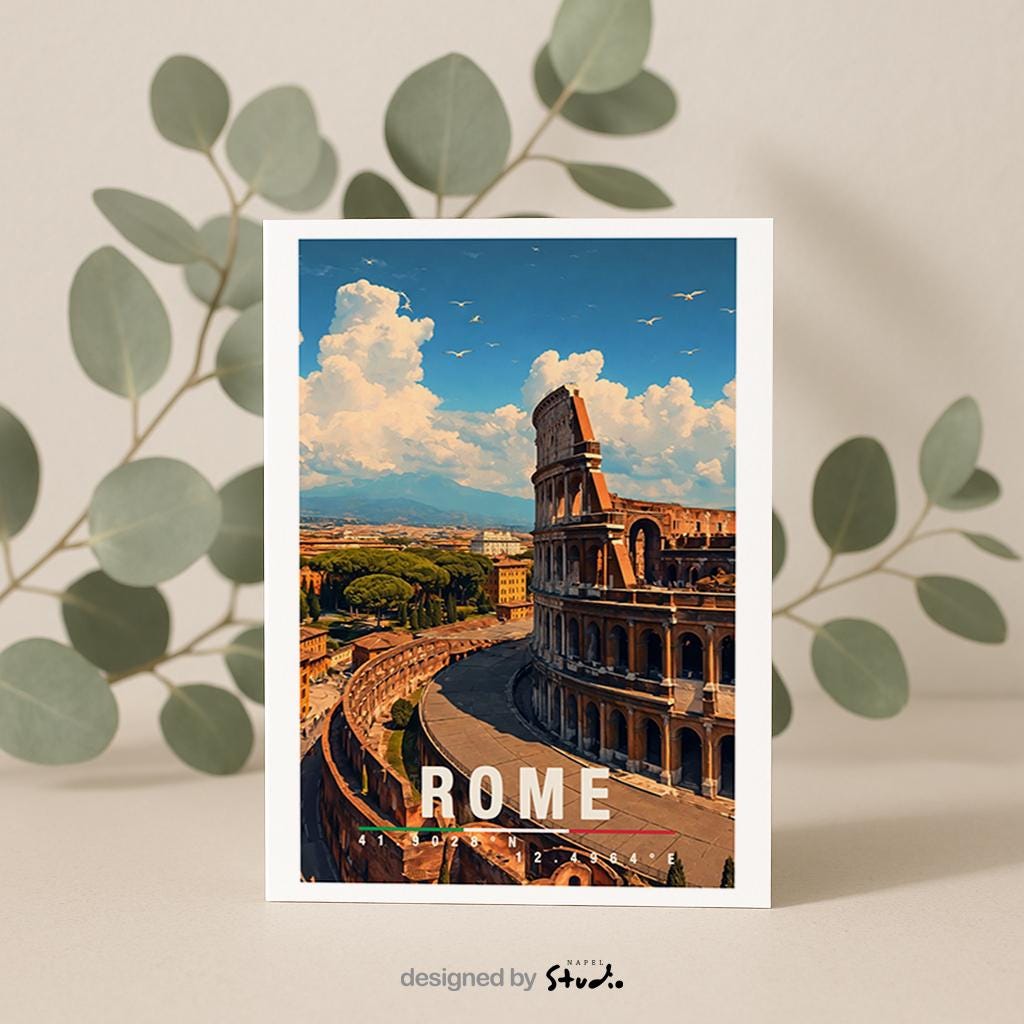 Illustration von Rom mit dem Kolosseum im Vordergrund und Blick über die historische Stadt. Die Szene ist hell, detailreich und zeitlos und zeigt die berühmte Architektur der italienischen Hauptstadt.