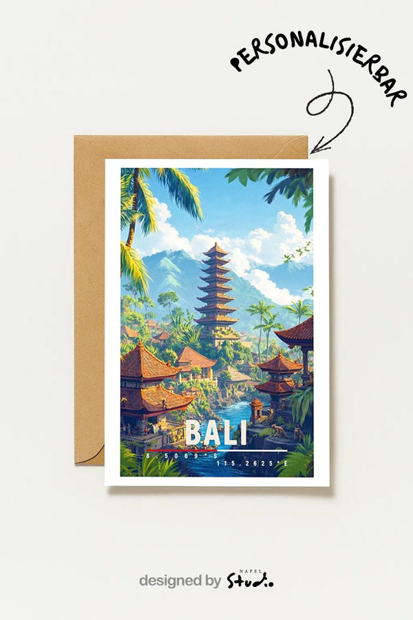 Postkarte Bali Mit Tempel, Palmen & Tropischer Natur Bali Temple Travel Art Bali