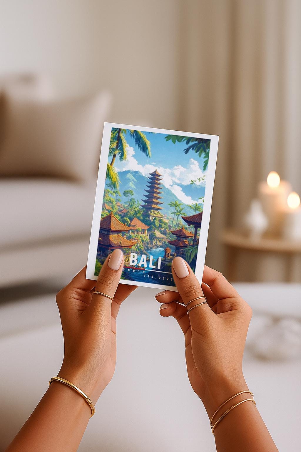 Detailreiche Illustration von Bali mit traditionellem Tempel, tropischen Palmen, Wasserlauf und üppiger Natur. Die Szene wirkt warm, exotisch und ruhig und vermittelt spirituelles Bali-Flair.