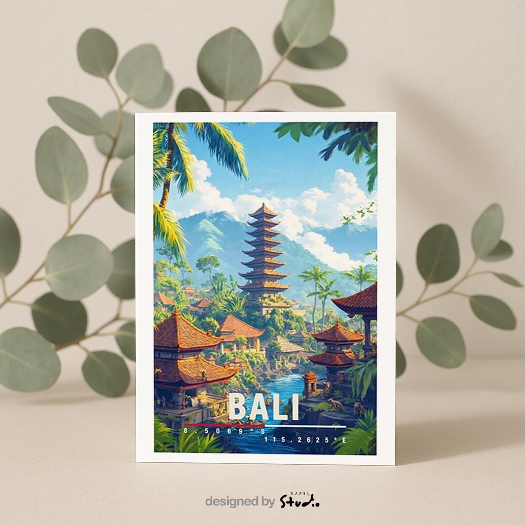 Detailreiche Illustration von Bali mit traditionellem Tempel, tropischen Palmen, Wasserlauf und üppiger Natur. Die Szene wirkt warm, exotisch und ruhig und vermittelt spirituelles Bali-Flair.