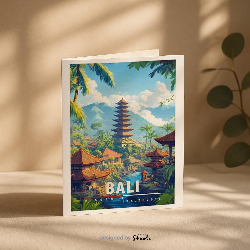 Detailreiche Illustration von Bali mit traditionellem Tempel, tropischen Palmen, Wasserlauf und üppiger Natur. Die Szene wirkt warm, exotisch und ruhig und vermittelt spirituelles Bali-Flair.