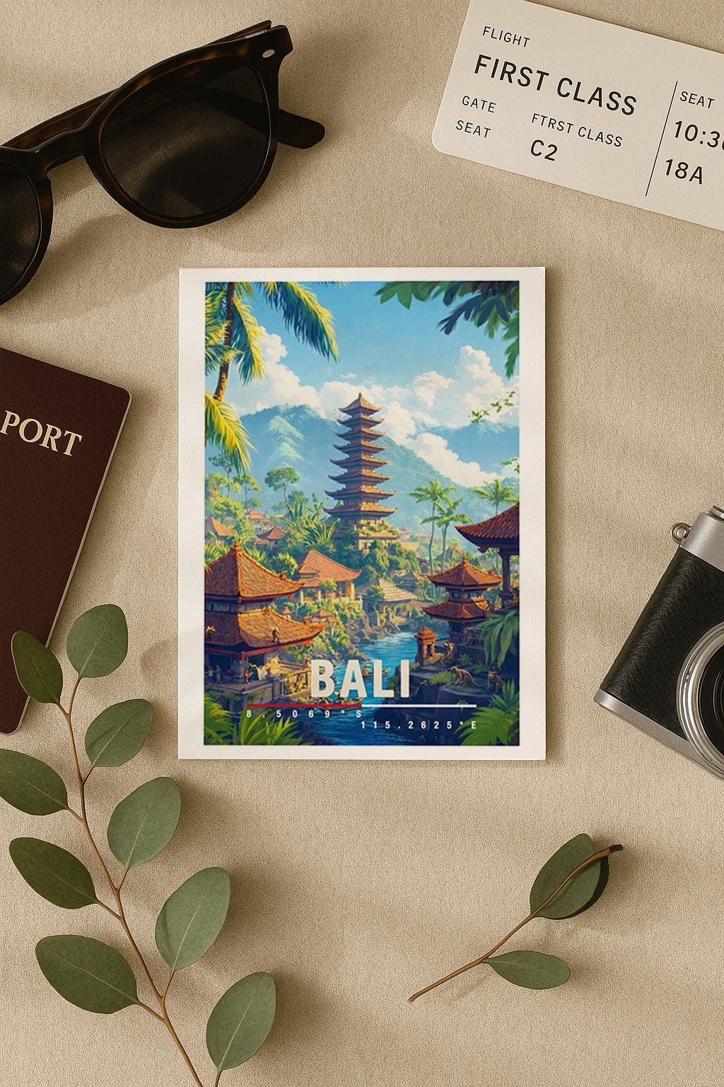 Detailreiche Illustration von Bali mit traditionellem Tempel, tropischen Palmen, Wasserlauf und üppiger Natur. Die Szene wirkt warm, exotisch und ruhig und vermittelt spirituelles Bali-Flair.