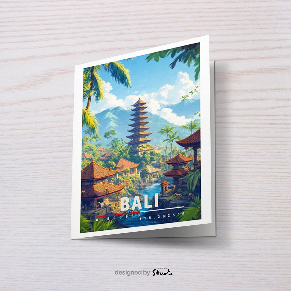 Detailreiche Illustration von Bali mit traditionellem Tempel, tropischen Palmen, Wasserlauf und üppiger Natur. Die Szene wirkt warm, exotisch und ruhig und vermittelt spirituelles Bali-Flair.