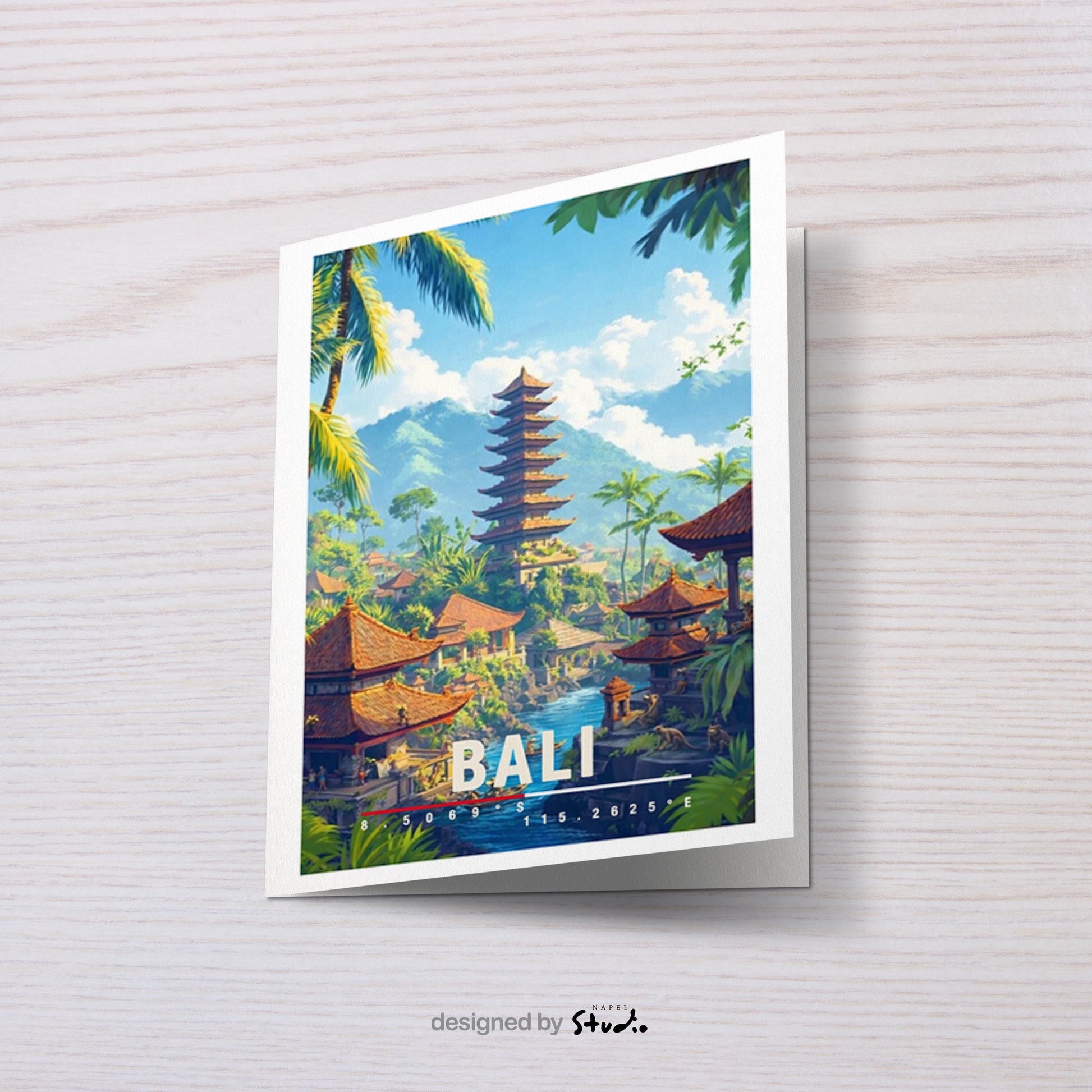 Detailreiche Illustration von Bali mit traditionellem Tempel, tropischen Palmen, Wasserlauf und üppiger Natur. Die Szene wirkt warm, exotisch und ruhig und vermittelt spirituelles Bali-Flair.